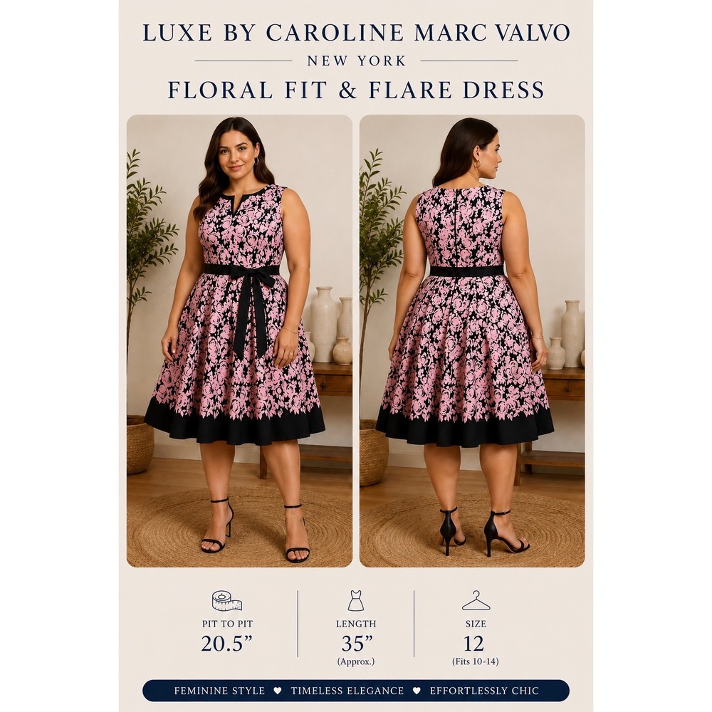 By Carmen Marc Valvo Pink Black Floral Fit Flare Dress Pockets Size 12‎